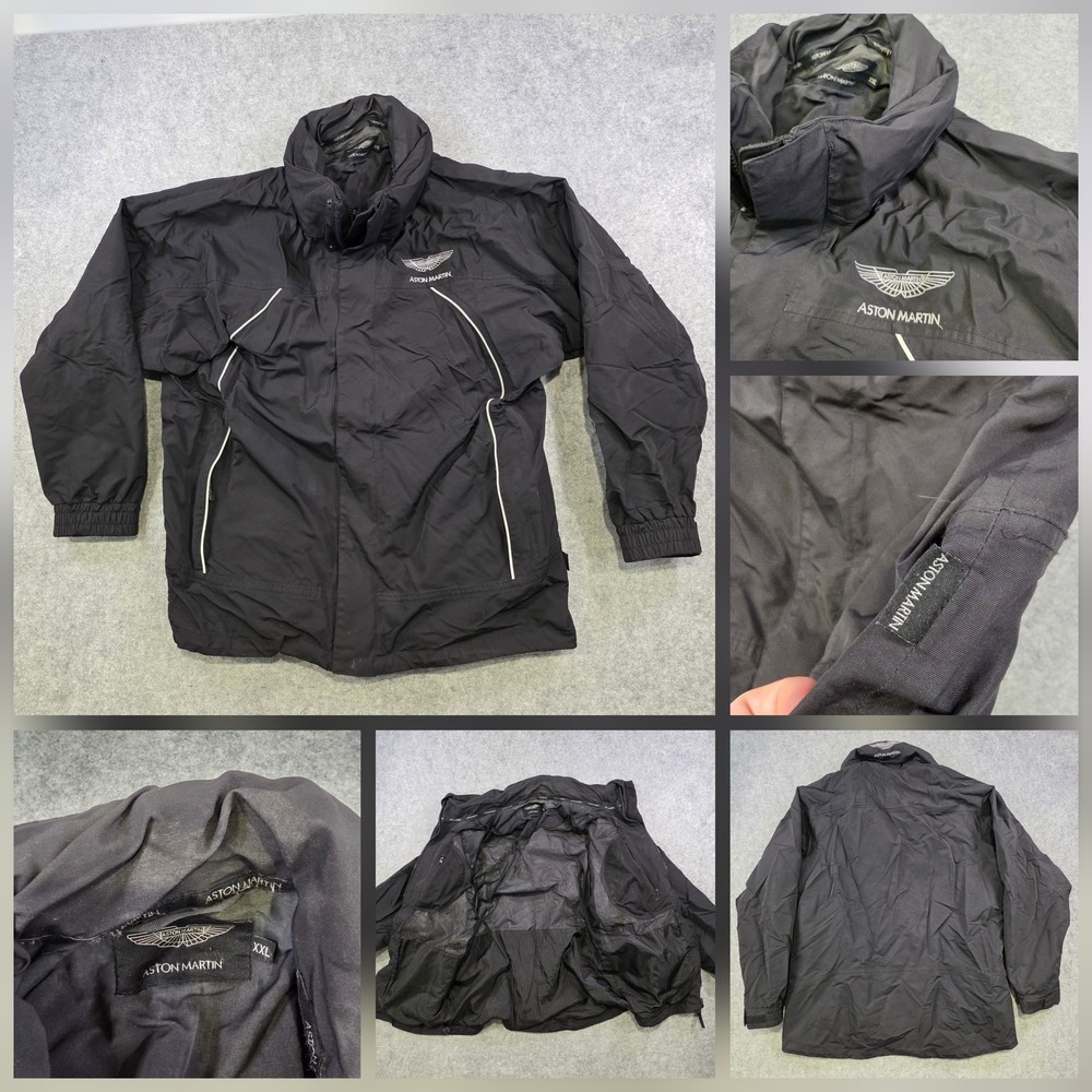 Aston Martin Jacket Mens 2XL Black Hooded Nylon Windbreaker Zip Pockets Racing